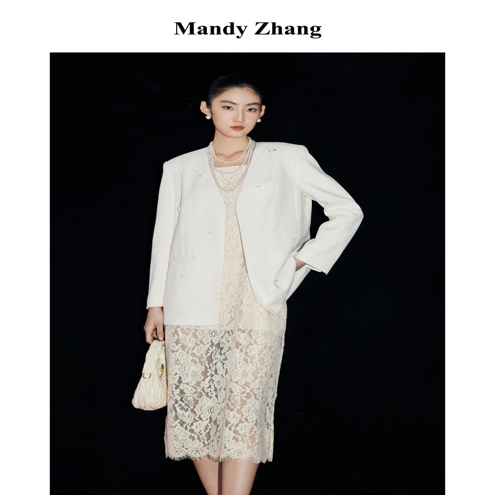 MandyZhang white heavy lace dress female summer French style light luxury temperament slim engagement dress skirt image 5