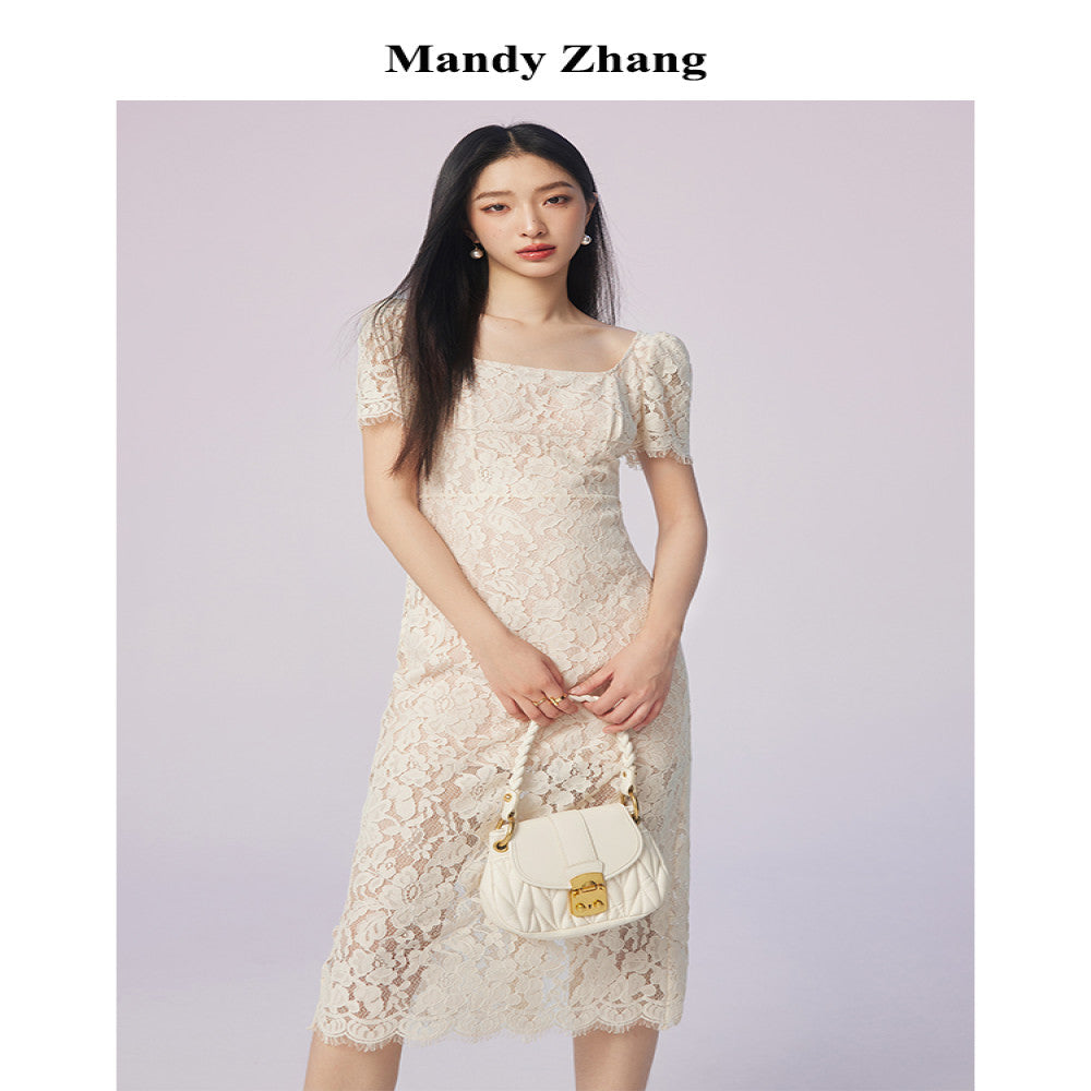 MandyZhang white heavy lace dress female summer French style light luxury temperament slim engagement dress skirt image 0