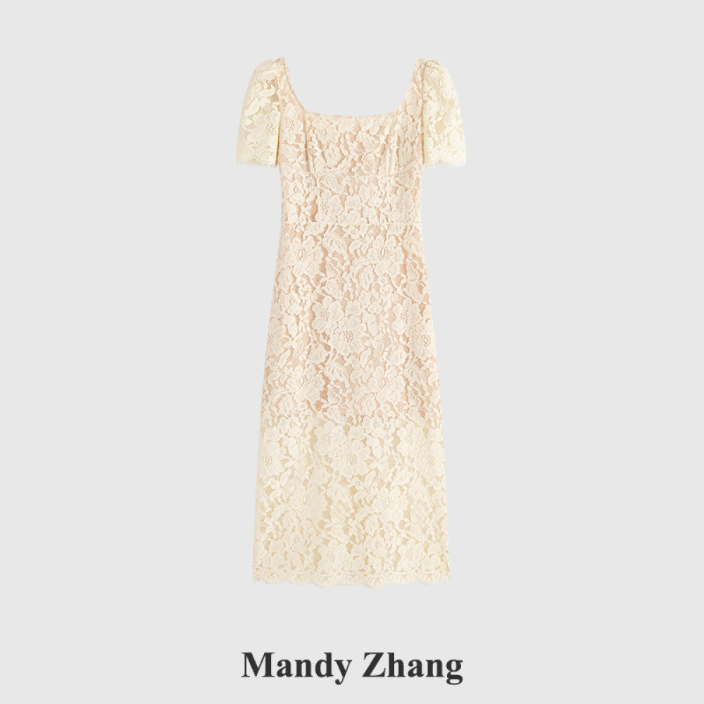 MandyZhang white heavy lace dress female summer French style light luxury temperament slim engagement dress skirt image 8