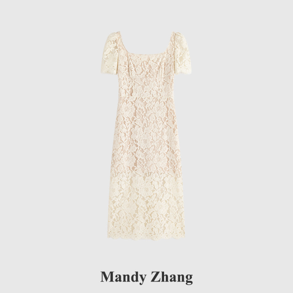 MandyZhang white heavy lace dress female summer French style light luxury temperament slim engagement dress skirt image 15