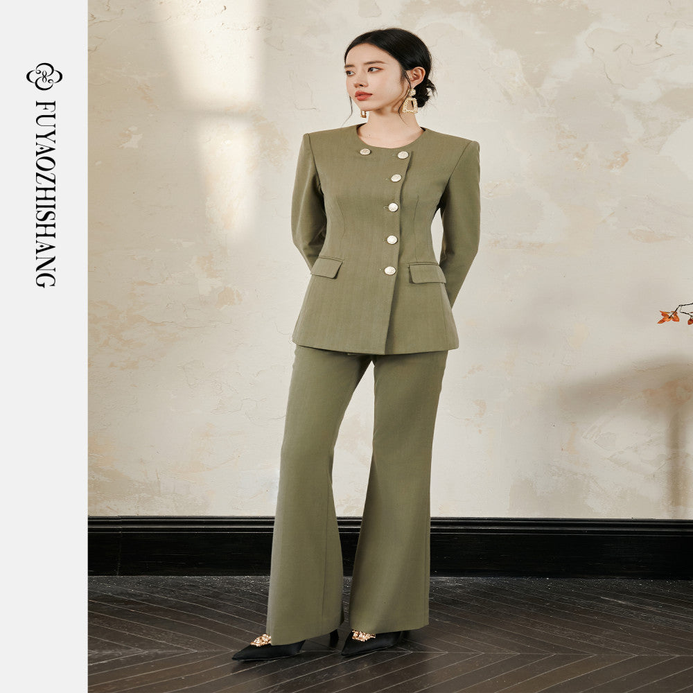 Customized runway haute couture light commuting wool suit set for women s micro flared pants no returns or exchanges supported image 0