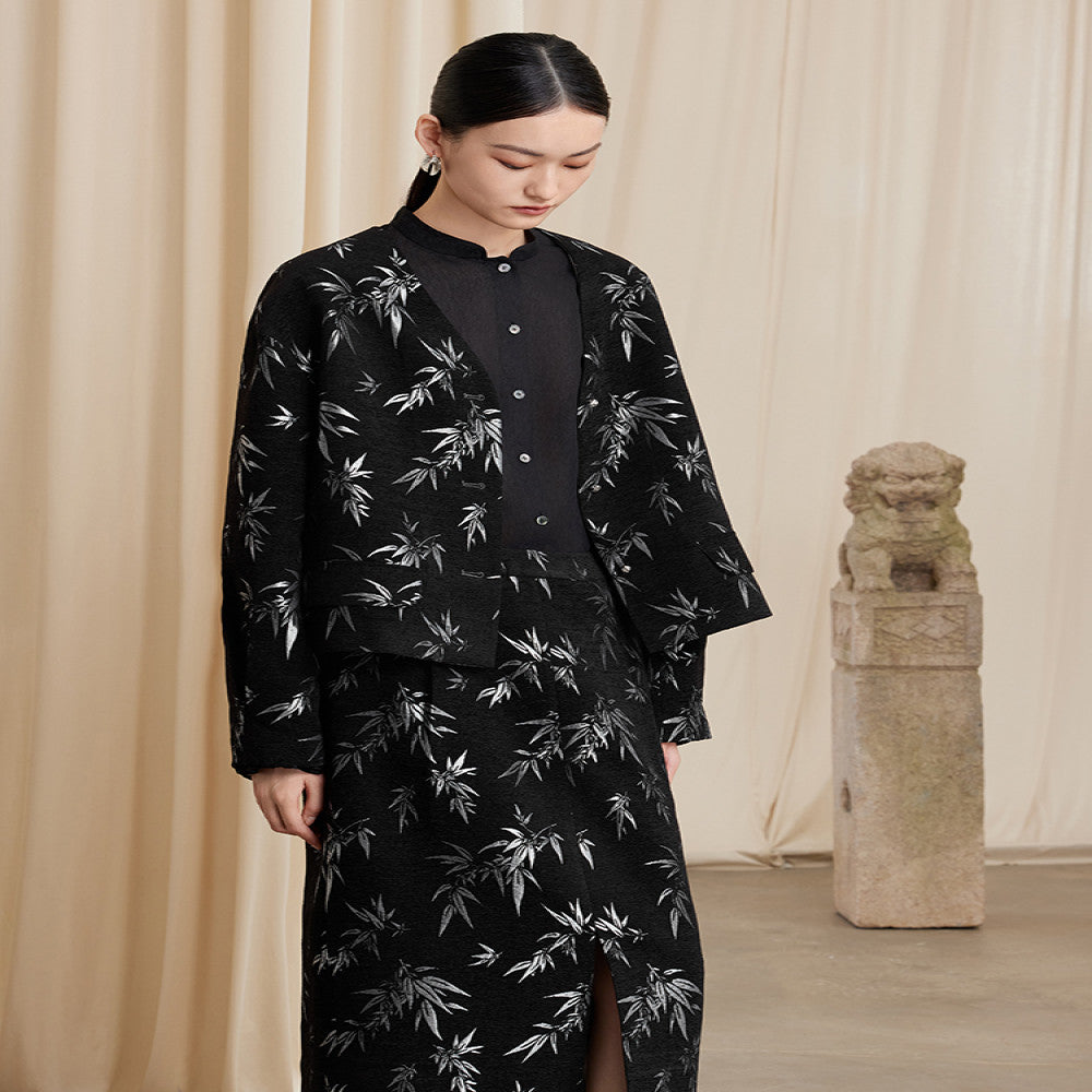 Ruyi Lianyun Zhuqing Bamboo Jacquard Chenille Short Jacket Women s New Chinese Style Metal Button Collarless Top image 2