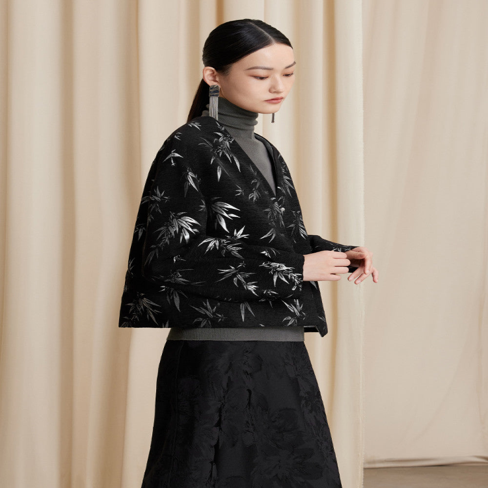 Ruyi Lianyun Zhuqing Bamboo Jacquard Chenille Short Jacket Women s New Chinese Style Metal Button Collarless Top image 4