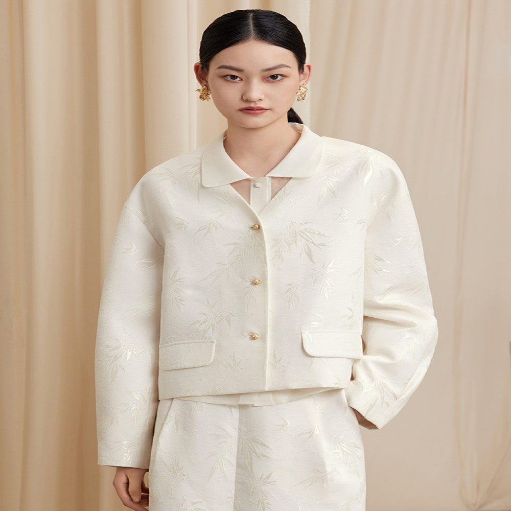 Ruyi Lianyun Zhuqing Bamboo Jacquard Chenille Short Jacket Women s New Chinese Style Metal Button Collarless Top image 0
