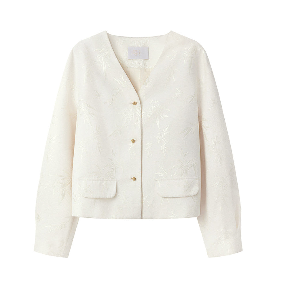 Ruyi Lianyun Zhuqing Bamboo Jacquard Chenille Short Jacket Women s New Chinese Style Metal Button Collarless Top image 8