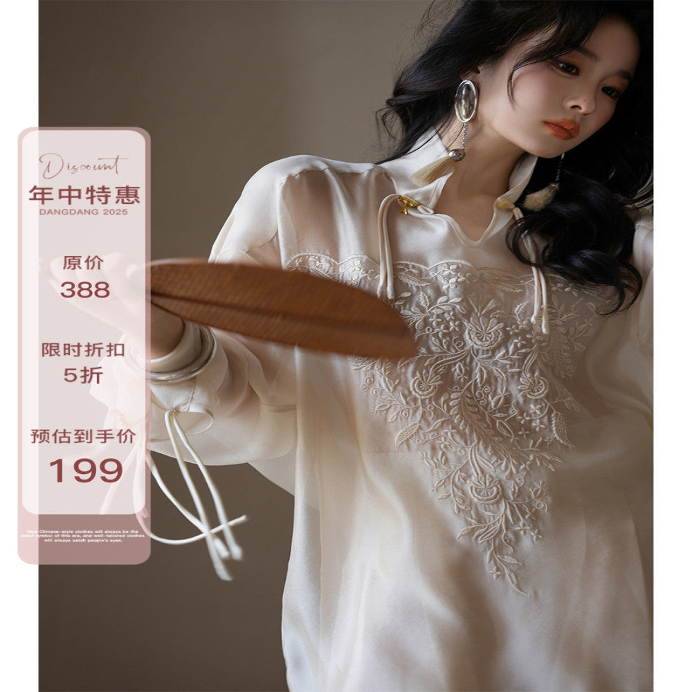 dangdang Cluster of Flowers design stand up collar 2025 new shirt women s new Chinese style embroidered tassel shirt image 1