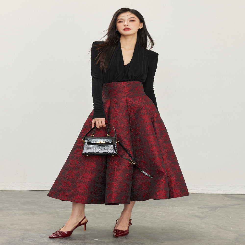 ASAYA-3745 Red Rose Jacquard High-Waist Skirt 🌸