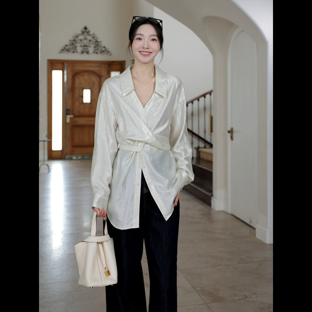 Guo Jiujiu wool acetate Tencel design cross waist slim shirt autumn niche top wide leg jeans image 62