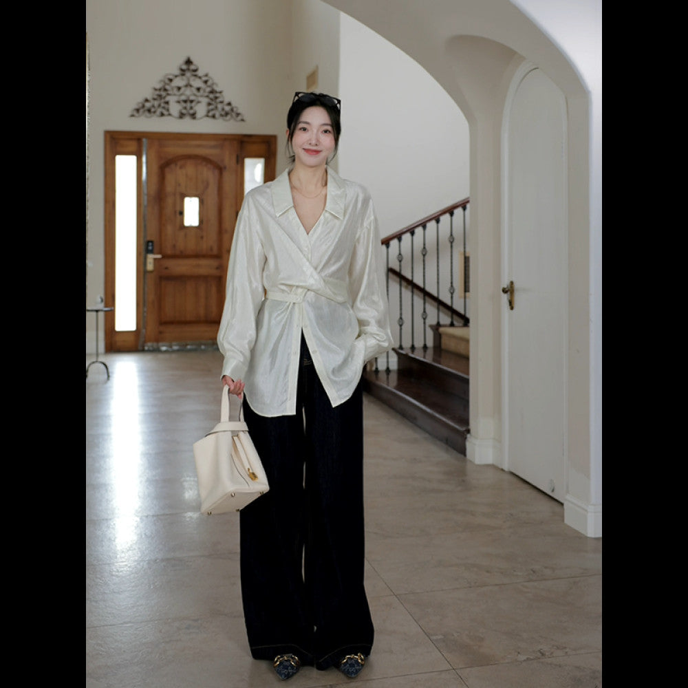 Guo Jiujiu wool acetate Tencel design cross waist slim shirt autumn niche top wide leg jeans image 78