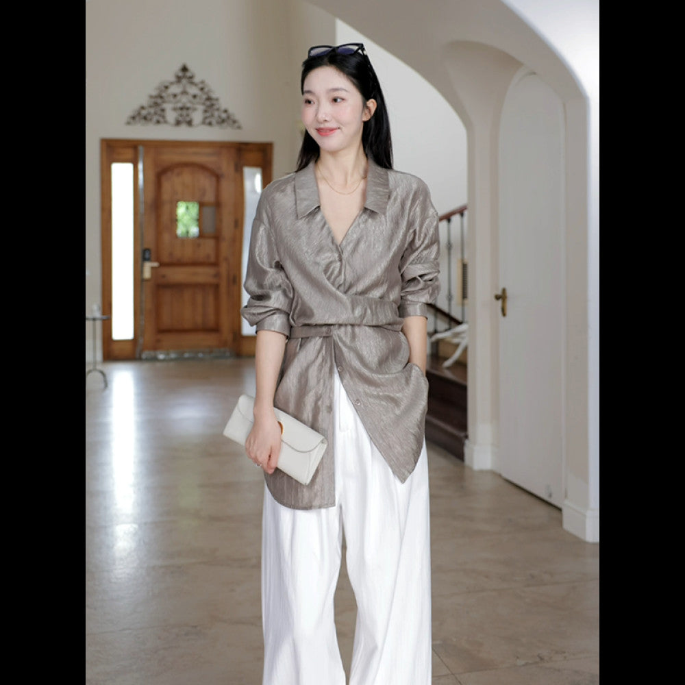 Guo Jiujiu wool acetate Tencel design cross waist slim shirt autumn niche top wide leg jeans image 9