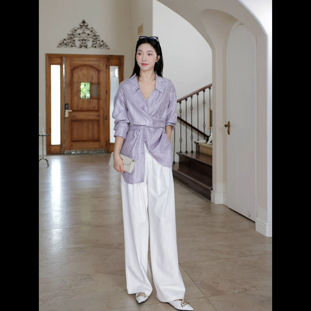 Guo Jiujiu wool acetate Tencel design cross waist slim shirt autumn niche top wide leg jeans image 37
