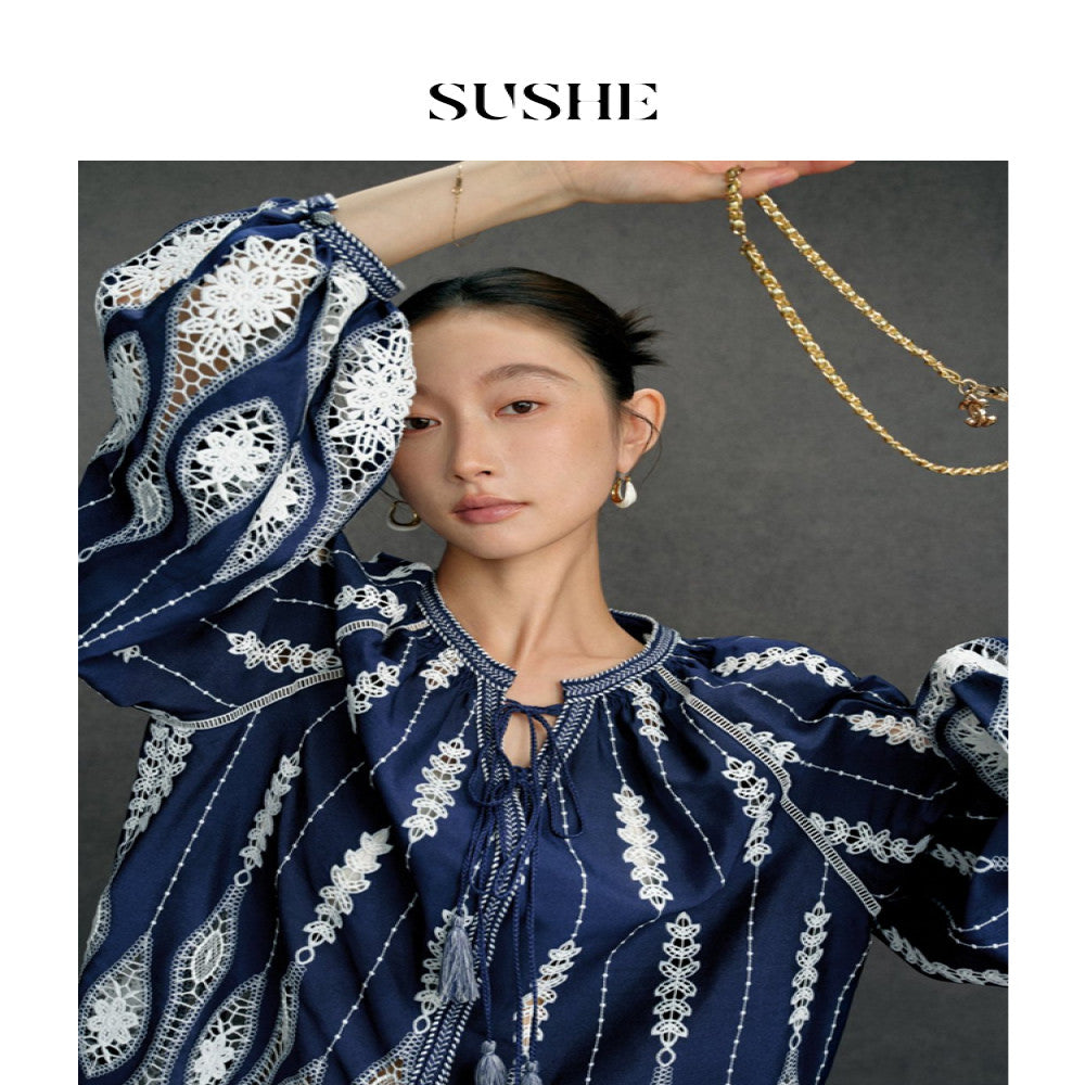 Shuxi SUSHE Lily Bird Tail Carving Hole Embroidery French Luxury V neck Shirt Top Skirt Set for Women Autumn image 2