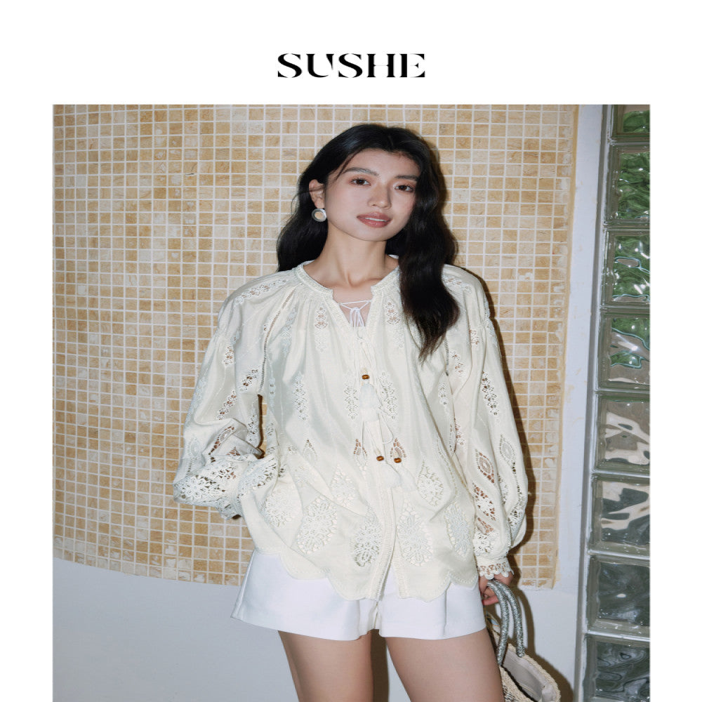 Shuxi SUSHE Lily Bird Tail Carving Hole Embroidery French Luxury V neck Shirt Top Skirt Set for Women Autumn image 3