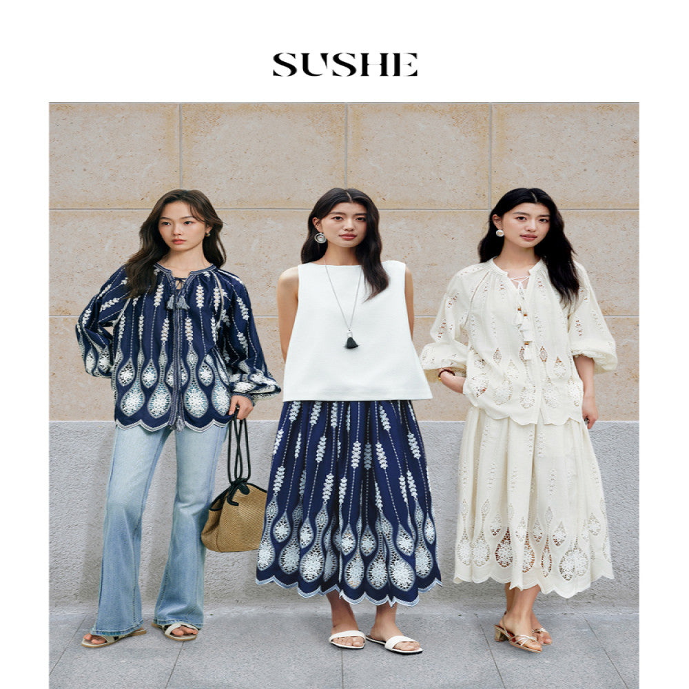 Shuxi SUSHE Lily Bird Tail Carving Hole Embroidery French Luxury V neck Shirt Top Skirt Set for Women Autumn image 4