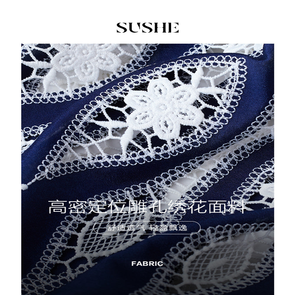 Shuxi SUSHE Lily Bird Tail Carving Hole Embroidery French Luxury V neck Shirt Top Skirt Set for Women Autumn image 5