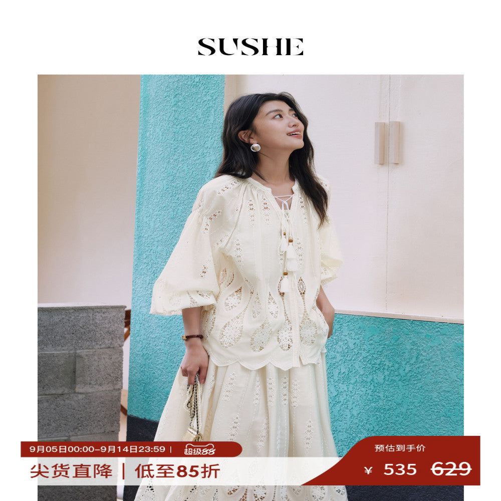 Shuxi SUSHE Lily Bird Tail Carving Hole Embroidery French Luxury V neck Shirt Top Skirt Set for Women Autumn image 0