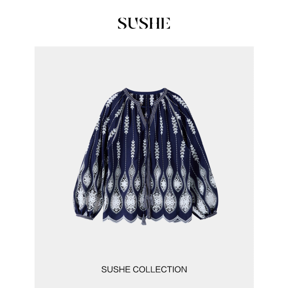 Shuxi SUSHE Lily Bird Tail Carving Hole Embroidery French Luxury V neck Shirt Top Skirt Set for Women Autumn image 10