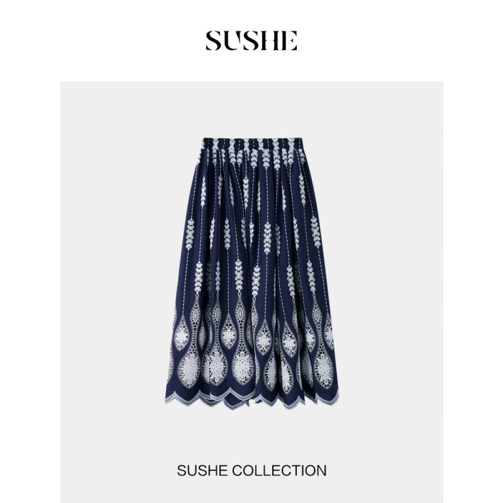 Shuxi SUSHE Lily Bird Tail Carving Hole Embroidery French Luxury V neck Shirt Top Skirt Set for Women Autumn image 17
