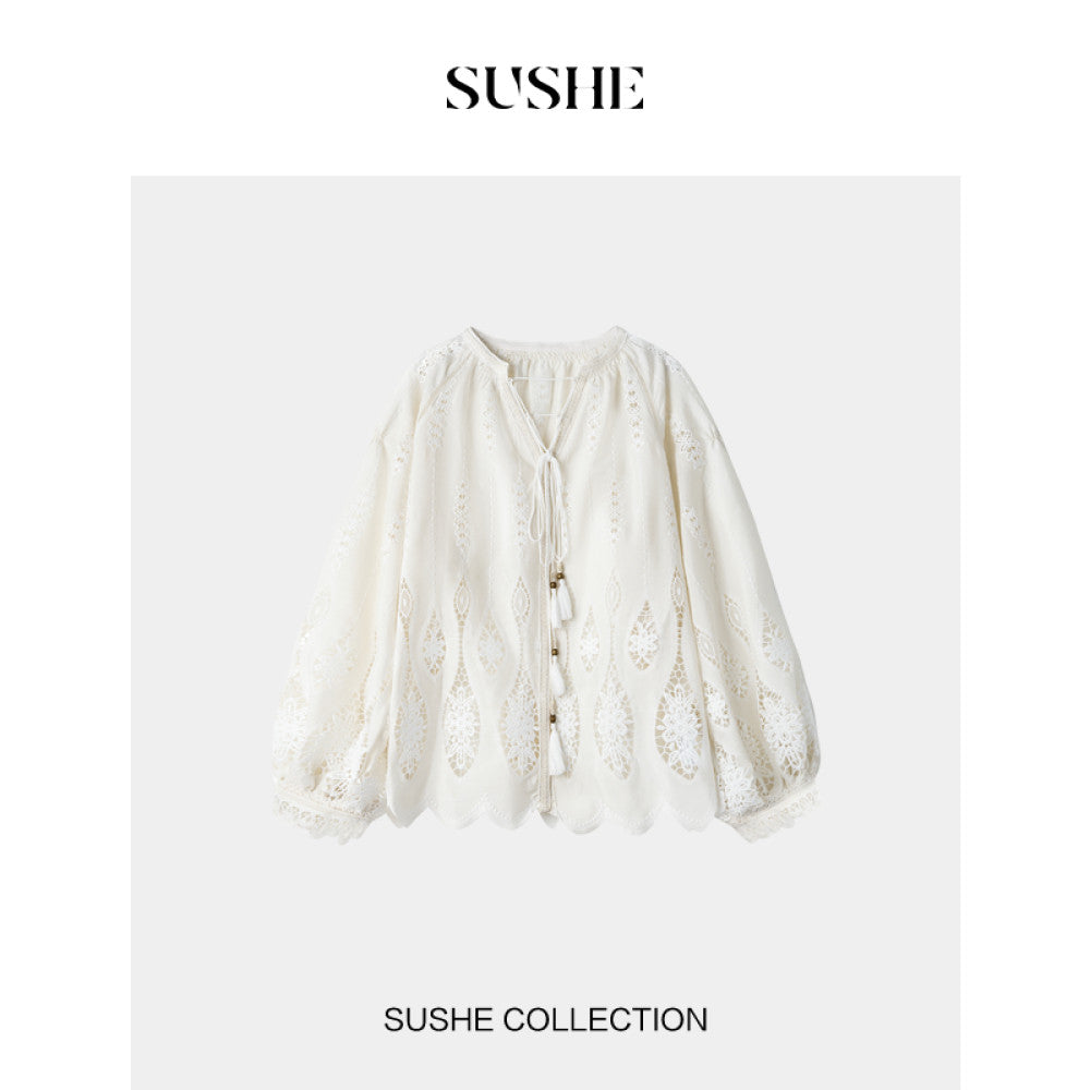 Shuxi SUSHE Lily Bird Tail Carving Hole Embroidery French Luxury V neck Shirt Top Skirt Set for Women Autumn image 25