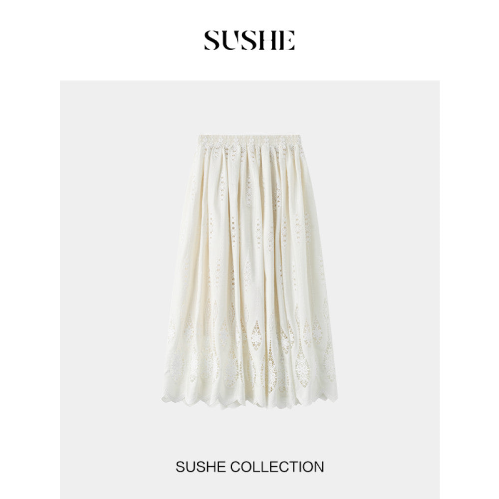 Shuxi SUSHE Lily Bird Tail Carving Hole Embroidery French Luxury V neck Shirt Top Skirt Set for Women Autumn image 34