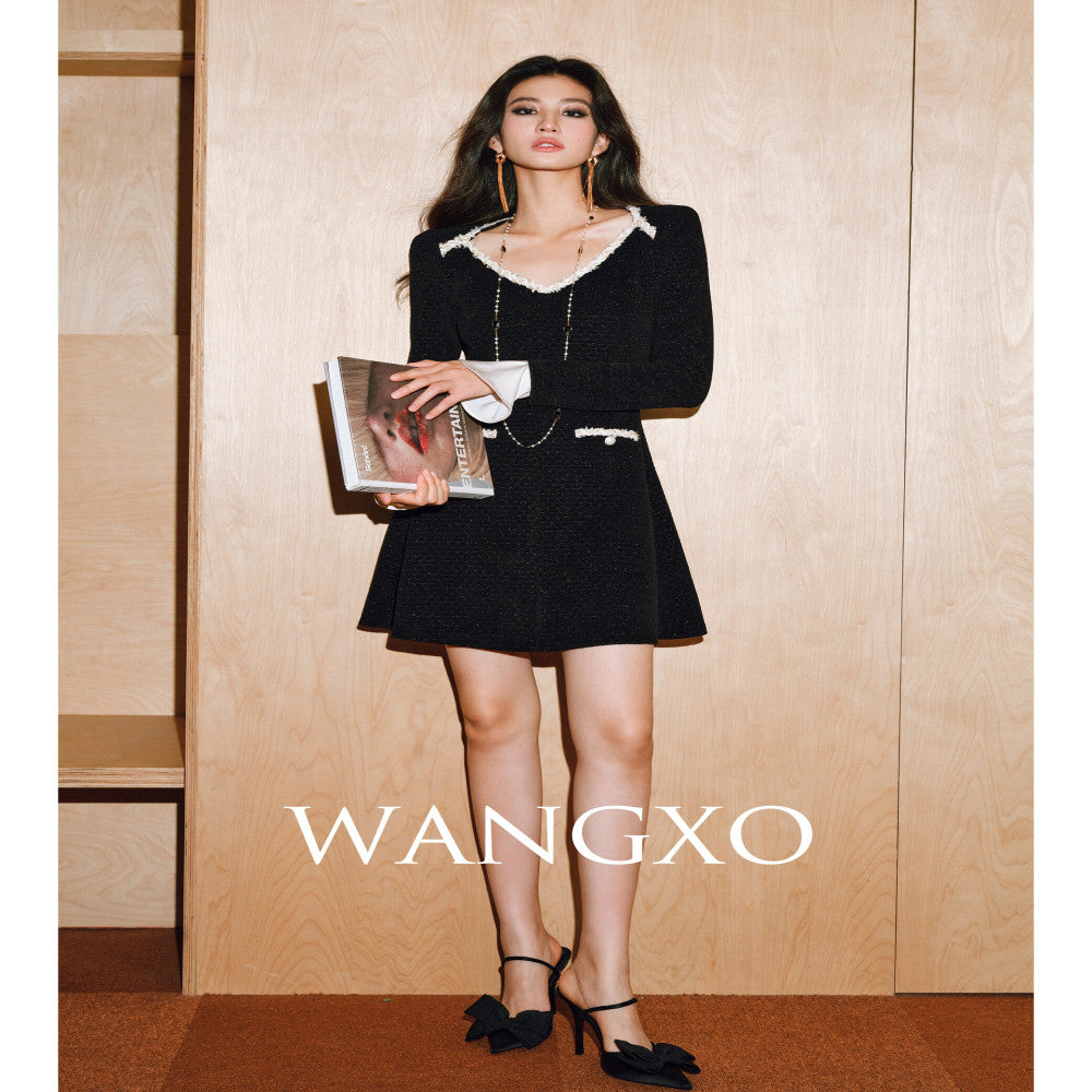 WANGXO Dark Night Star River Luxury Silver Silk Beibei Grid Detachable Trumpet Sleeve Small Fragrant Wind Dress image 1