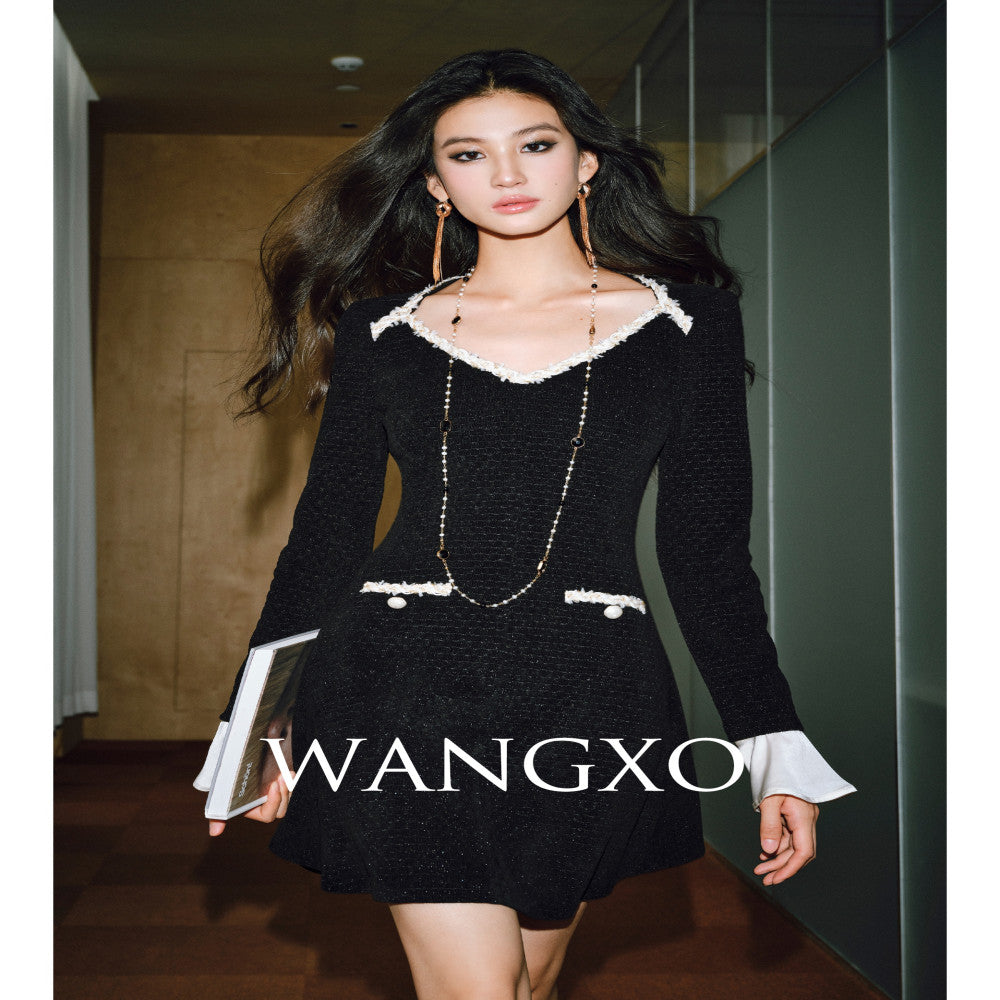 WANGXO Dark Night Star River Luxury Silver Silk Beibei Grid Detachable Trumpet Sleeve Small Fragrant Wind Dress image 2