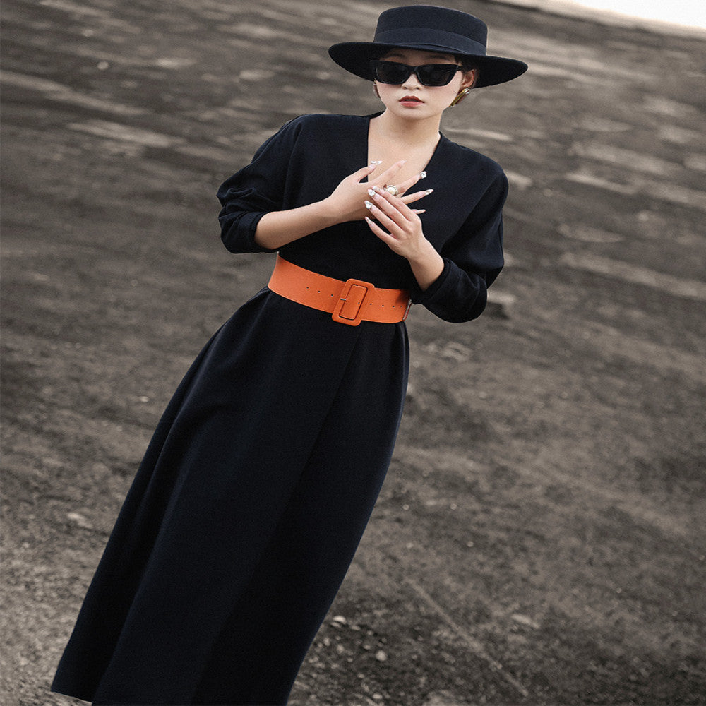Lanser 2025 autumn new style temperament capable high end long sleeved V neck waist tie suit dress for women image 22