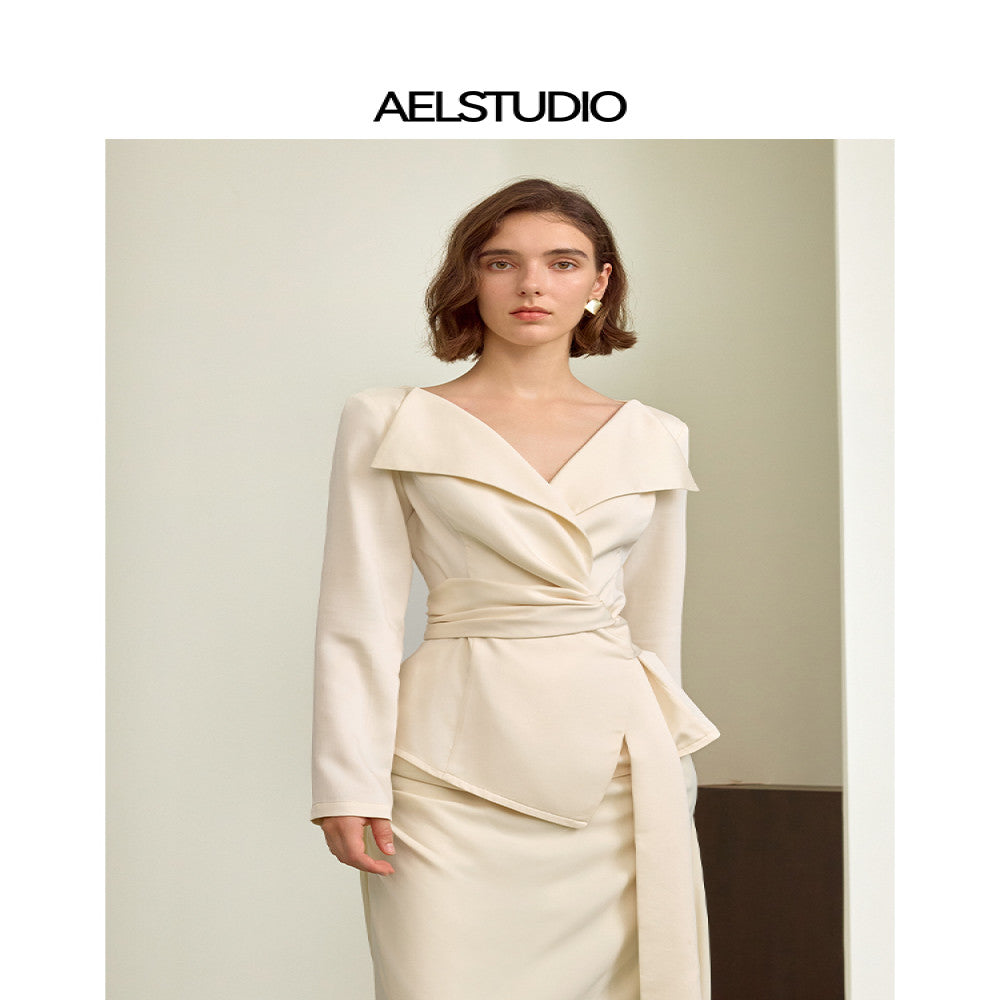 AEL original French high end fashion set for women 2025 autumn harvest waist long sleeved shirt floral bud skirt image 15