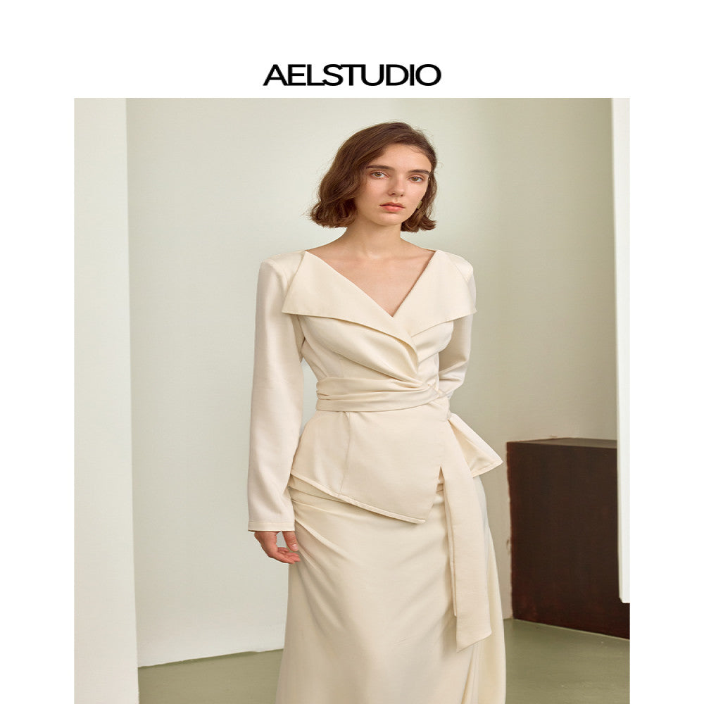AEL original French high end fashion set for women 2025 autumn harvest waist long sleeved shirt floral bud skirt image 16