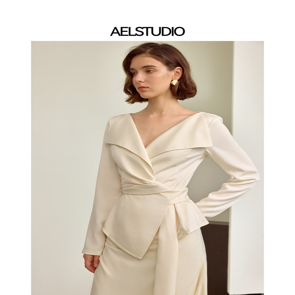 AEL original French high end fashion set for women 2025 autumn harvest waist long sleeved shirt floral bud skirt image 17