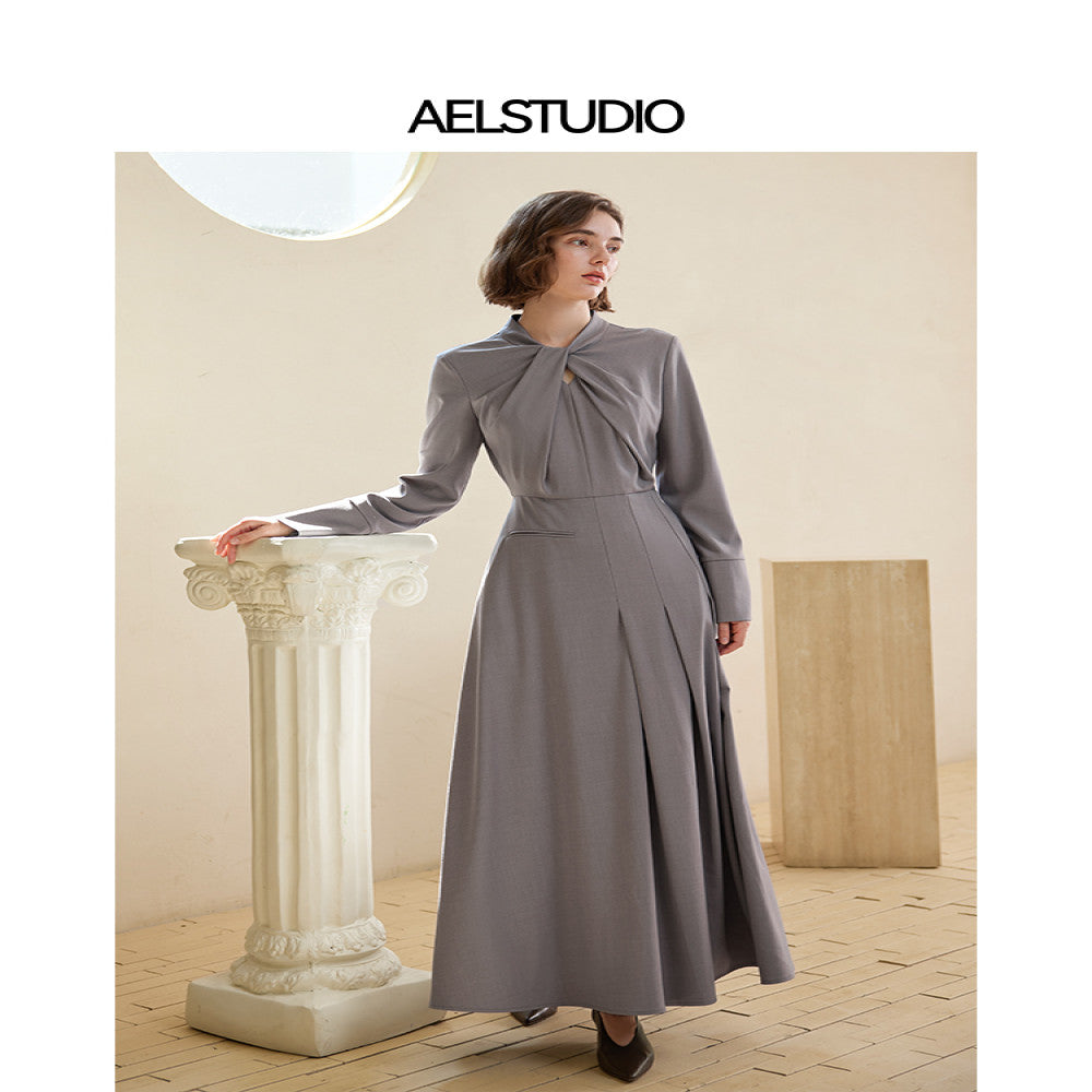 AEL original design gray long sleeved dress for women 2025 autumn new style light luxury high end French long skirt image 1