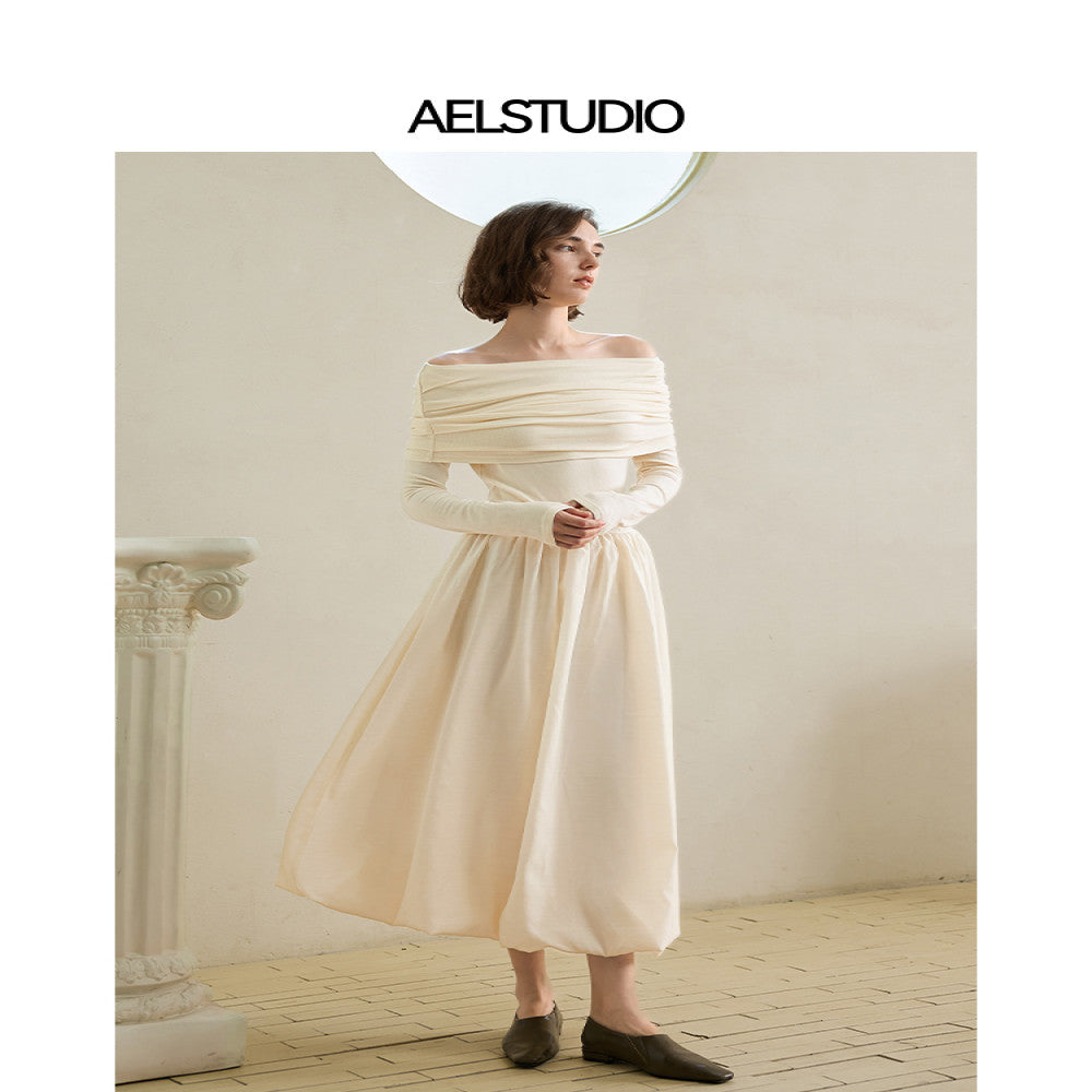 AEL original design niche one shoulder dress 2025 autumn Hepburn style temperament pleated French long skirt image 0