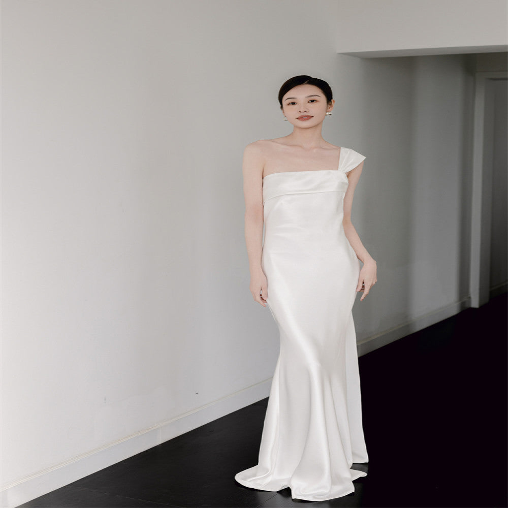 Nomeives 2024 new white morning gown one shoulder slim fishtail satin bridal light wedding dress evening dress female image 1