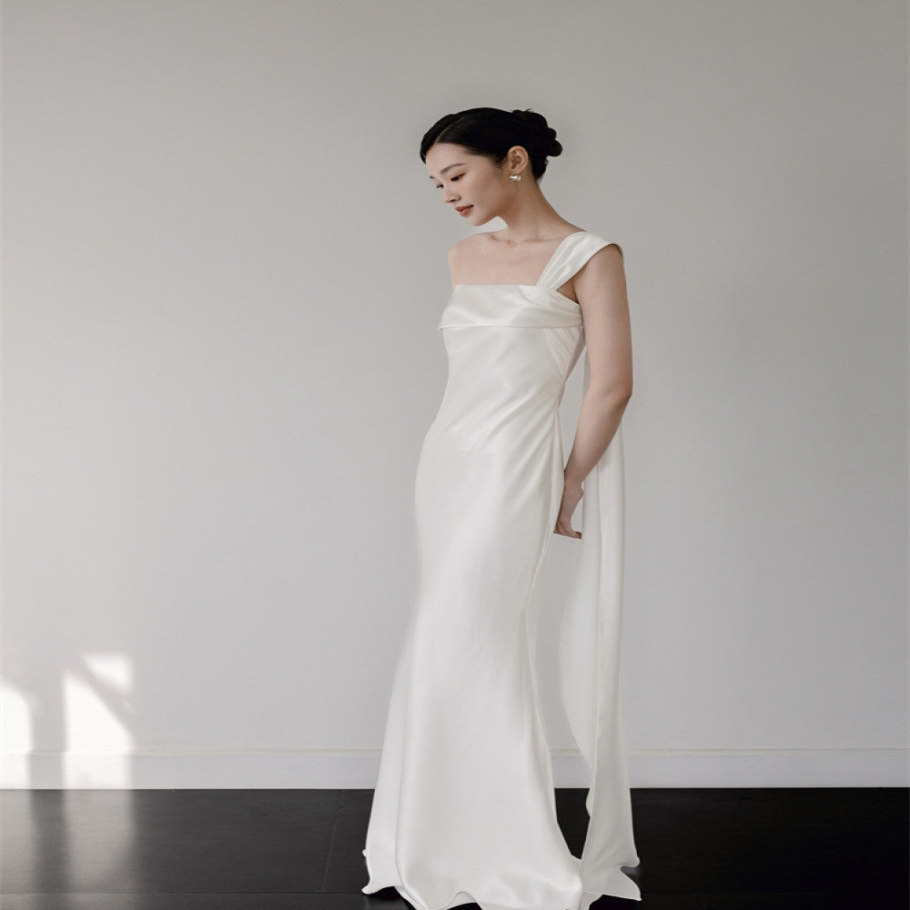 Nomeives 2024 new white morning gown one shoulder slim fishtail satin bridal light wedding dress evening dress female image 2