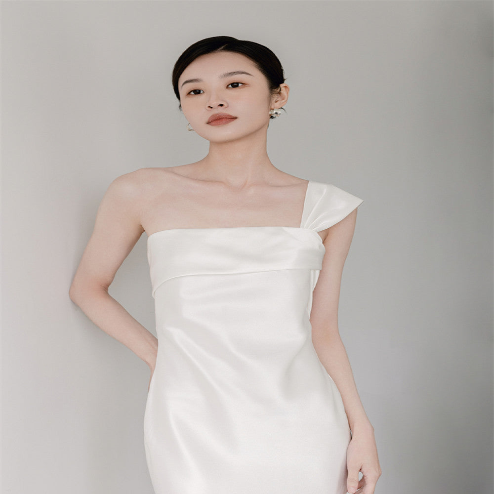 Nomeives 2024 new white morning gown one shoulder slim fishtail satin bridal light wedding dress evening dress female image 3