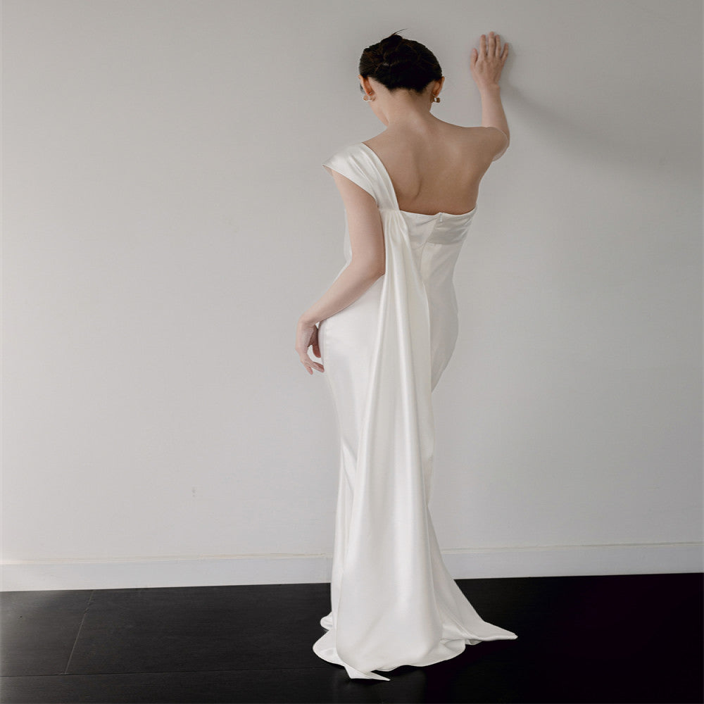Nomeives 2024 new white morning gown one shoulder slim fishtail satin bridal light wedding dress evening dress female image 4