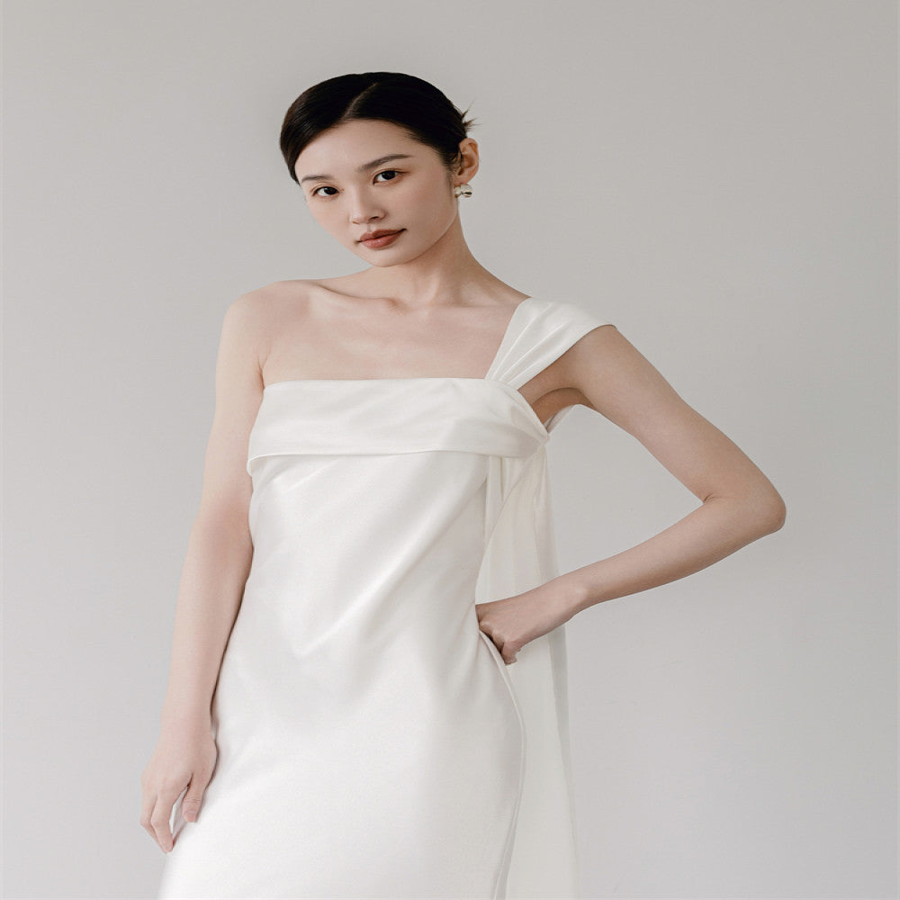 Nomeives 2024 new white morning gown one shoulder slim fishtail satin bridal light wedding dress evening dress female image 5