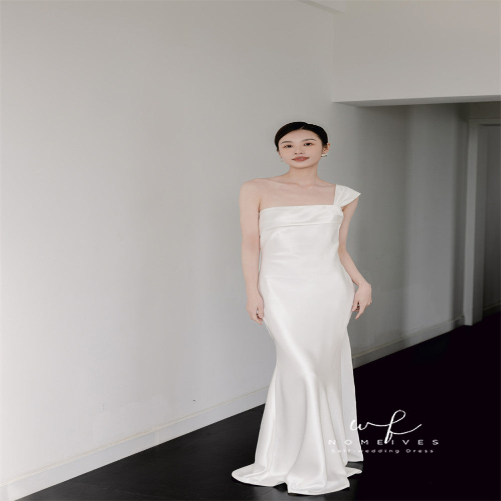 Nomeives 2024 new white morning gown one shoulder slim fishtail satin bridal light wedding dress evening dress female image 8