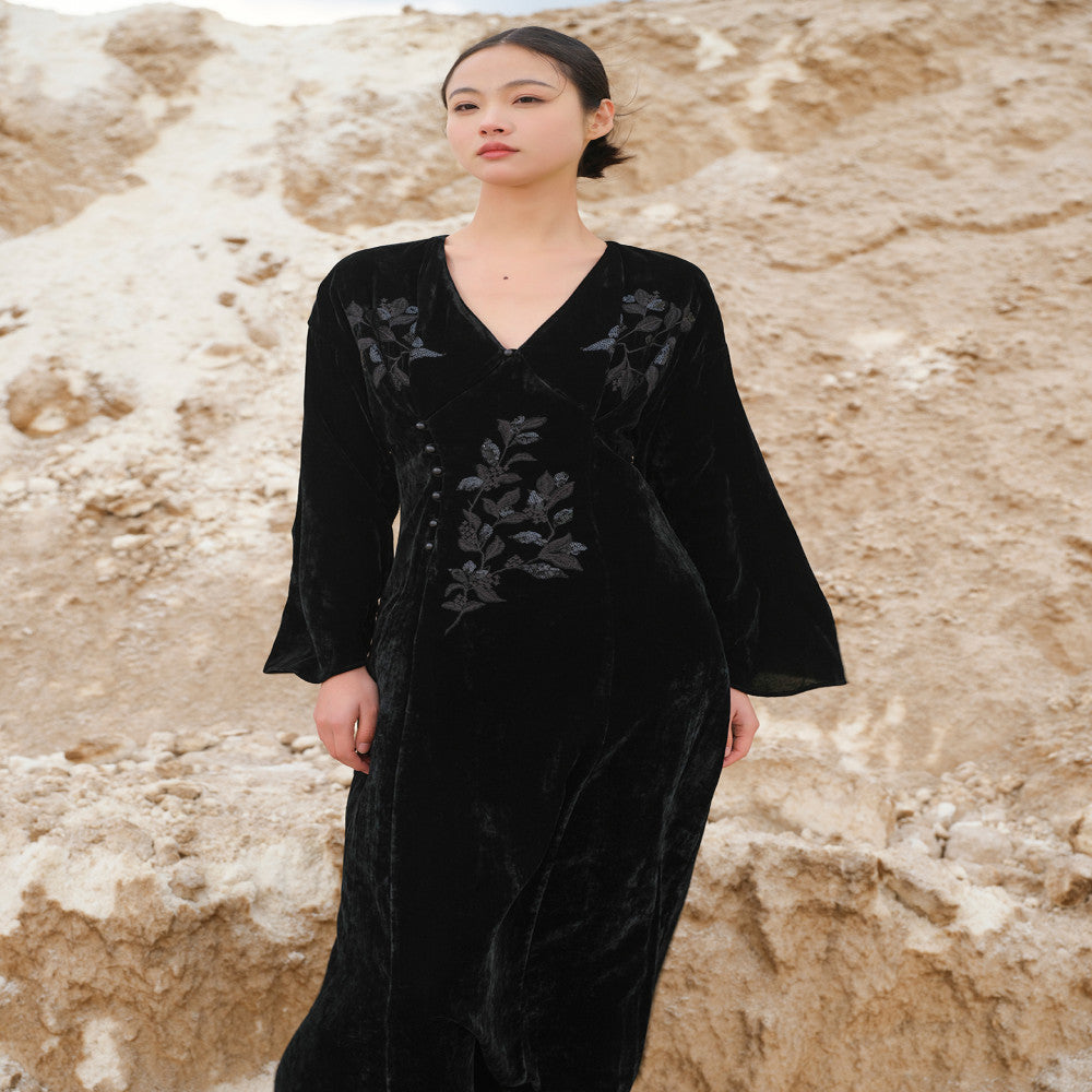 ASAYA3705 Designer hand-painted Osmanthus embroidery sequin embroidery velvet dress