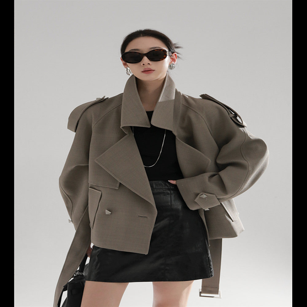 PIAOIN European and American metal rivet design high waist long windbreaker women s loose commuting autumn and winter windbreaker jacket new style image 21