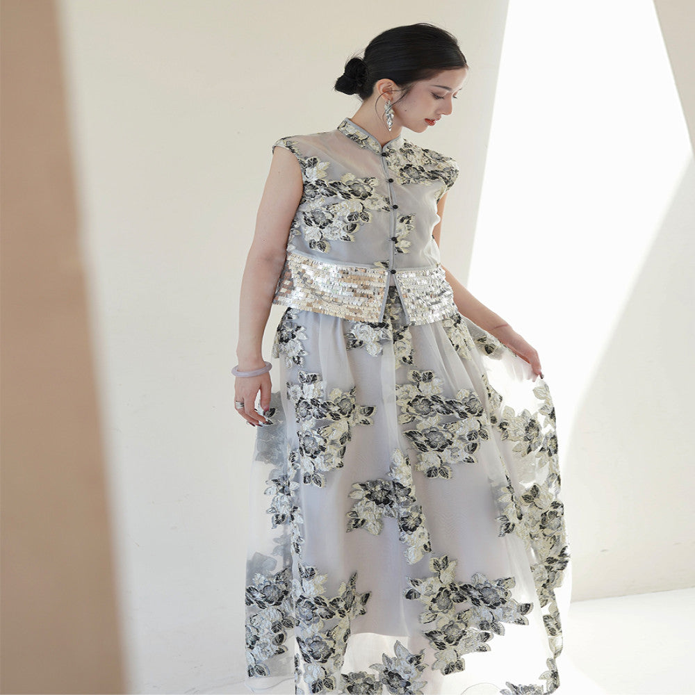 Chengyu Gaoding Yuejian Xinghe New Chinese Ding level Jacquard Bead Embroidered Top Elastic Waist Skirt Set image 2