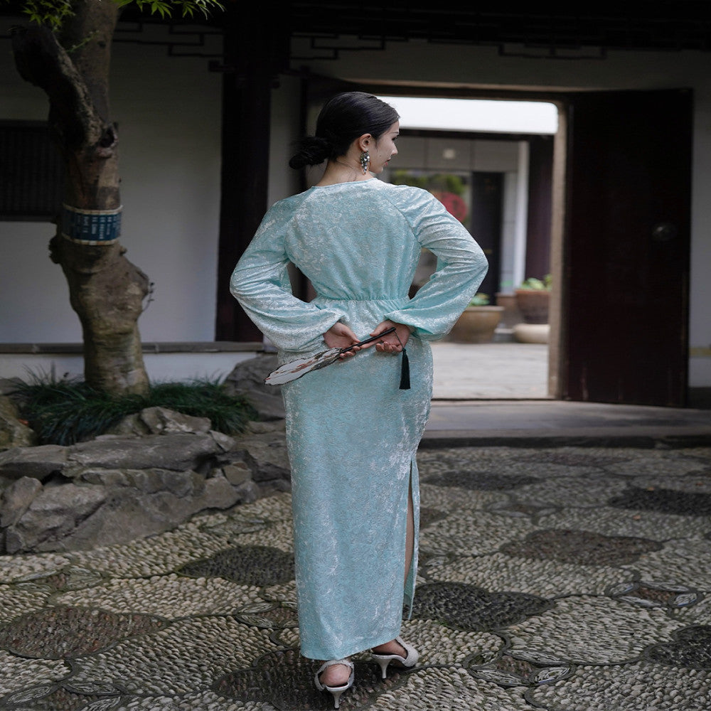 Chengyu Gaoding Shuyu New Chinese Heavy Industry Thorn Jade Green Heavy Industry Gold Velvet Pressed Flower Plate Button Dress image 18