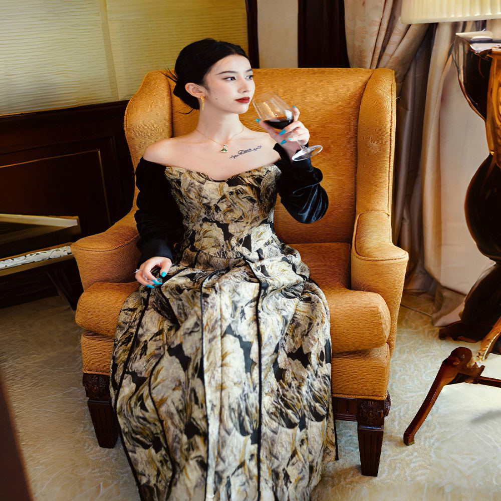 Cheng Yu Gao Ding Jin Lang Ma Mian French Chinese style velvet jacquard top improved Ma Mian skirt half skirt set image 2