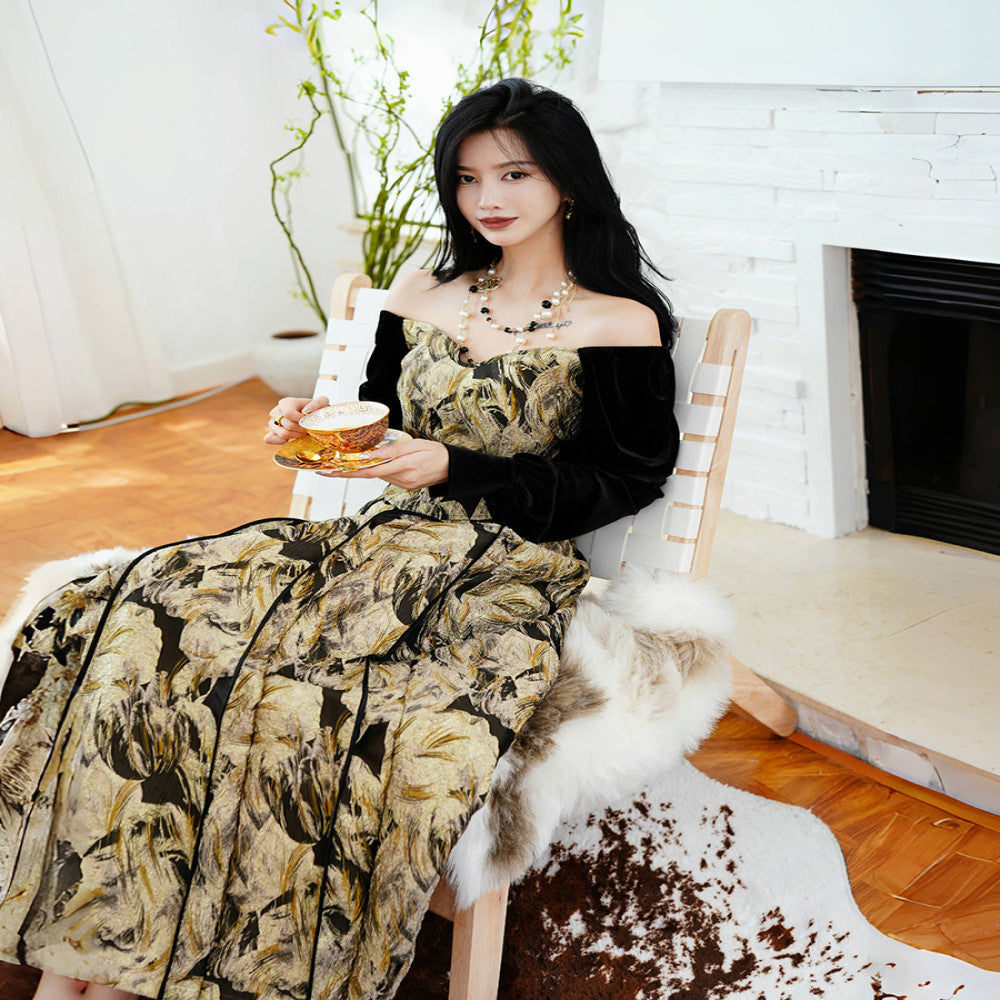 Cheng Yu Gao Ding Jin Lang Ma Mian French Chinese style velvet jacquard top improved Ma Mian skirt half skirt set image 3