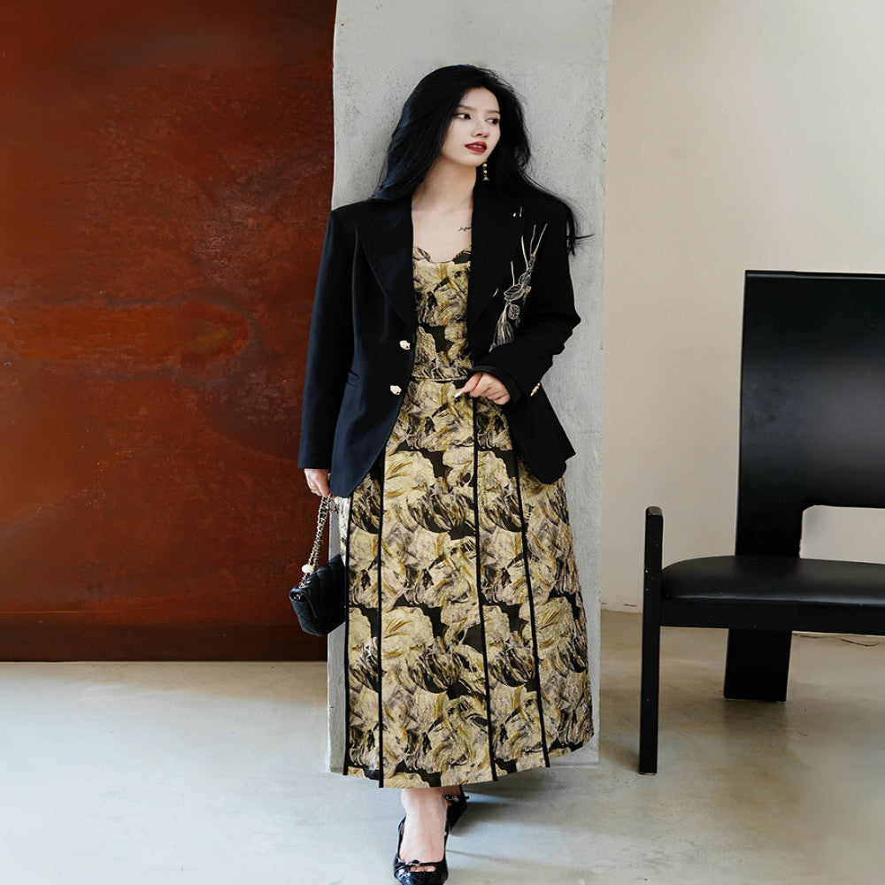 Cheng Yu Gao Ding Jin Lang Ma Mian French Chinese style velvet jacquard top improved Ma Mian skirt half skirt set image 4