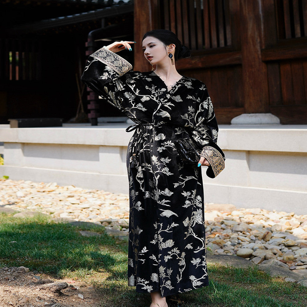 Chengyu Gaoding Obsidian Golden Hongxin Chinese Black Gold Tripod Gold Diamond Velvet Hot Stamping Two Wear Coat Dress image 2