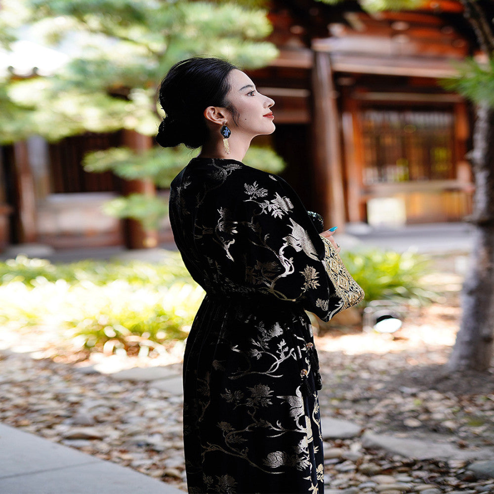 Chengyu Gaoding Obsidian Golden Hongxin Chinese Black Gold Tripod Gold Diamond Velvet Hot Stamping Two Wear Coat Dress image 5