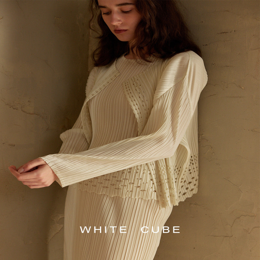 whitecube2025 spring and summer Miyake style hollow pleated cardigan short jacket loose cold women s tops image 1