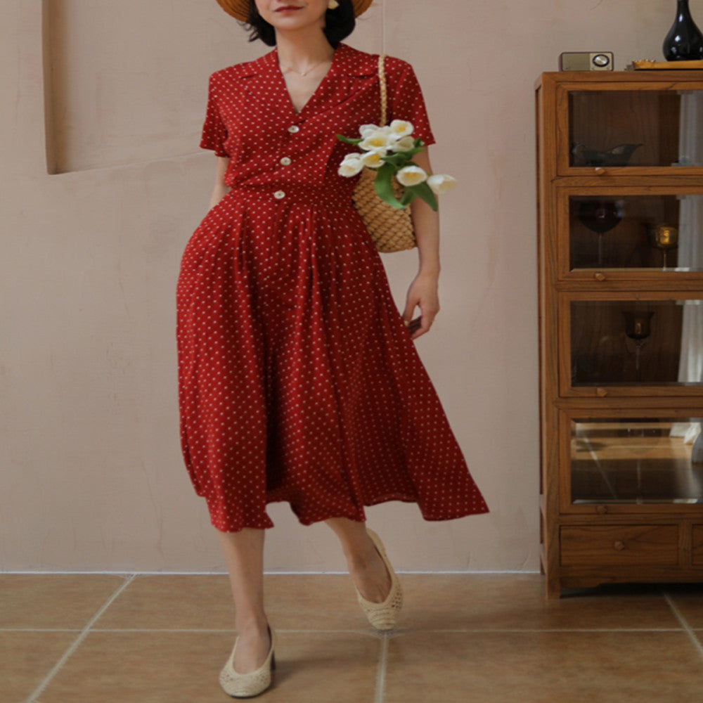 Blue wardrobe French Vintage polka dot suit collar Shell buckle waist Hong Kong style elegant large skirt dress image 2