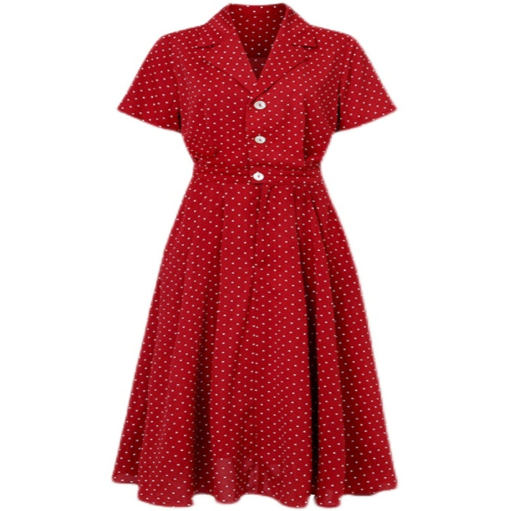 Blue wardrobe French Vintage polka dot suit collar Shell buckle waist Hong Kong style elegant large skirt dress image 5
